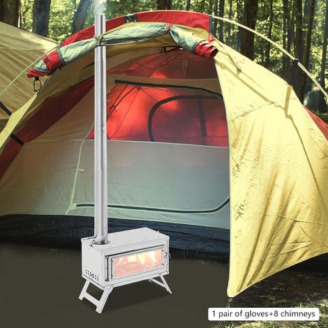 Poêle à bois de camping portable pliable en acier au carbone - 38 x 29 cm - Grande grille de cuisson avec porte en verre et cheminée - Pour barbecue, pêche sur glace - Protection contre le vent (1/5)