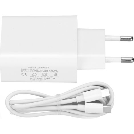 Adaptateur secteur double port QC3.0 18 W PD à charge rapide avec câble USB-C pour smartphone (prise 100-240 VEU). (1/5)