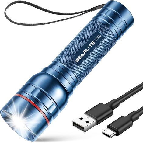 Lampe Torche LDE Rechargeable, Lampe de Poche 2000 Lumens 3 Modes, Zoomable Lampe Torche Tactique LED Ultra Puissante, Mini Lampe de Poche Enfant Portable Pour Cadeau Camping Urgence Bleu (1/5)