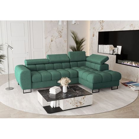 Ecksofa Schlafsofa BASTIEN in Stoff Moly Grün Ottomane Rechts