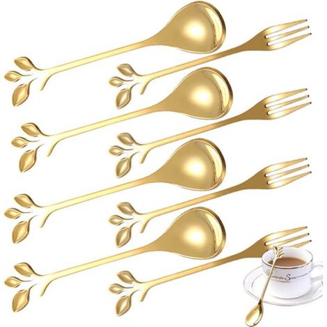 Cuillère À Café - Acier Inoxydable - Dorée - Design Feuilles Et Fruits - Pour Thé Dessert Et Remuer - Lot De 6 (1/3)