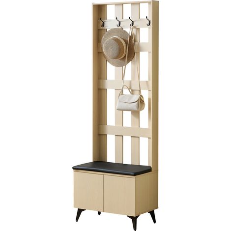 Vestiaire d'Entrée Meuble Porte-Manteau avec Banc à Chaussures et 4 Patères Rangement MDF Bois Clair et Acier 60x35x179,5cm (1/5)