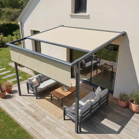 Pergola toile PYRITE (Motorisation à télécommande + Manœuvre de secours + LED - Gris anthracite RAL 7016 - Écru 250g/m² - 4.00 x 3.00 m)