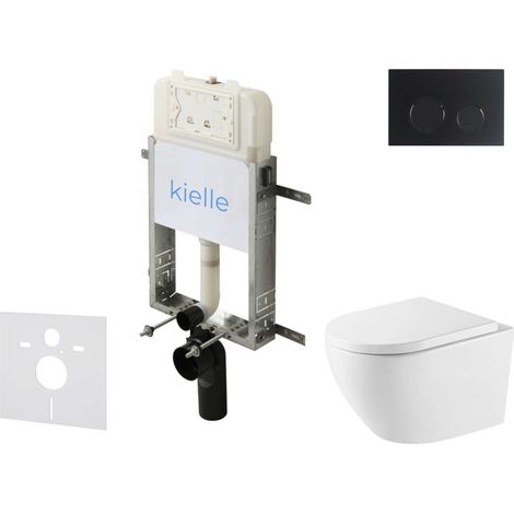 kielle Genesis New - Set bâti-support, WC Oudee, Vortex Rimless+, siège softclose et bouton-poussoir Gemini New II, noir mat 30528SZ69