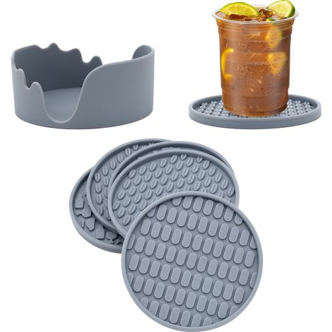 Ensemble de 6 Dessous-de-Verres en Silicone avec Support - Profondément rainurés, absorbants, Grands Tapis de 4 Pouces pour Tasses - Parfaits (1/5)