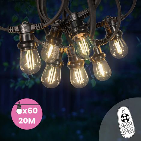 Guirlande Guinguette 20M 60 Bulbes Filament Blanc Chaud Dimmables - Guirlande Lumineuse Exterieur avec Ampoule E27 à Intensité Variable - Variateur de Luminosité et Télécommande Inclus (1/5)