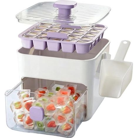 Eiswürfelbereiter mit Griff, Druckknopf und Aufbewahrungsbox – 25 Fächer, Weiß/Lila, mit Eisschaufel und transparenter Schublade (1/5)