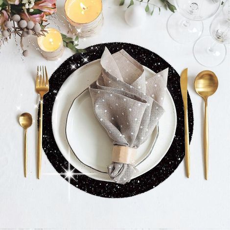 Sets de table noirs à paillettes en cuir, lot de 4, 39 cm (15,4 pouces), pour fêtes, mariages, Thanksgiving, anniversaires. (1/4)