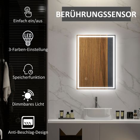 Miroir mural salle de bain LED avec interrupteur tactile, blanc, éclairage intégré (1/4)