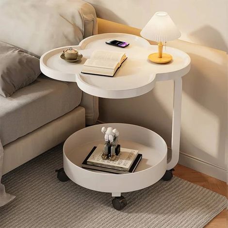TRADE SHOP - Tavolino Multifunzionale A 2 Livelli Con Ruote Bordo Rialzato Design Moderno Minimalista - Bianco (1/2)