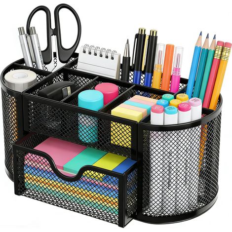 Organisateur de Bureau avec Tiroir Noir Pot à Stylos Multifonction Rangement de Bureau Organiseur en Métal Maille Pot à Crayons Porte Stylo Range-Stylos pour École, Maison (1/5)