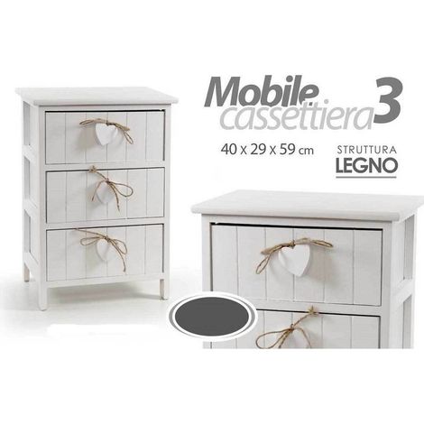 TrAdE Shop Traesio - Cassettiera 3 Cassetti H59x40x29cm Legno Comodino Bianco Cuore Arredamento Casa -
