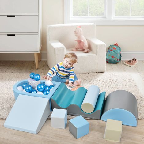 Parcours Motricité Bébé 9 Pièces, Aire de Jeux Intérieure en Mousse avec Toboggan et Piscine à Balles, Modules de Motricité