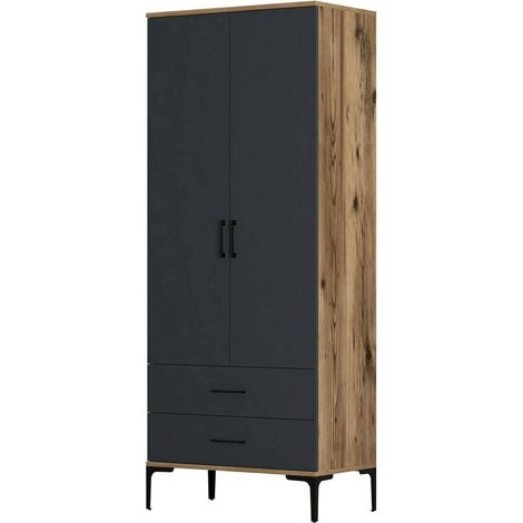 Dmora - Kleiderschrank 2 Türen Dpan, Schlafzimmermöbel, Schrank, Garderobe, 80x201h48 cm, Walnuss und Anthrazit