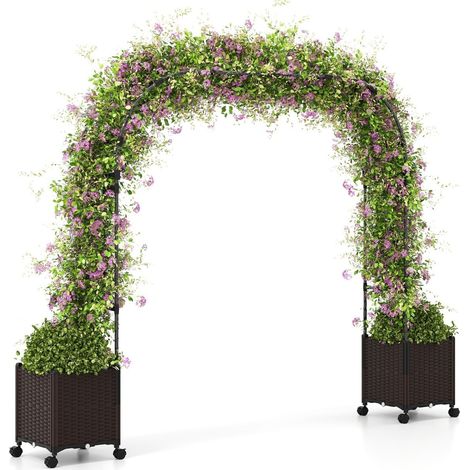 Arco de jardín con jardineras, enrejado metálico para plantas trepadoras