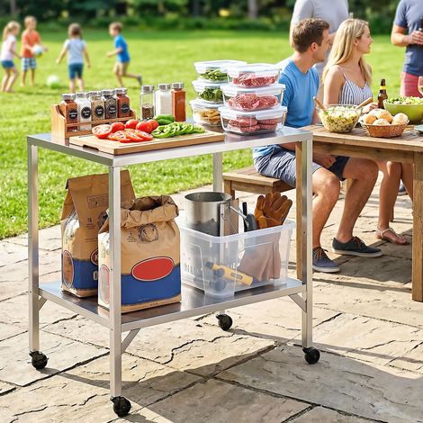 Outsunny Chariot de Barbecue Table de Préparation Extérieure 85x60x92cm - Plan de Travail, Roulettes, Acier Inoxydable, Argenté