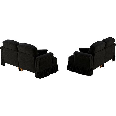Canapé d’angle 2 places en L, style mid-century, en chenille, avec accoudoirs en forme d’entonnoir, jupe à volants amovible, pieds fuselés et pouf mobile, noir (1/5)