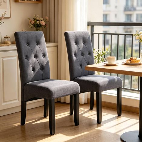 Juego de 2 sillas de comedor sin reposabrazos, respaldo alto, lino y madera maciza, gris oscuro (1/5)