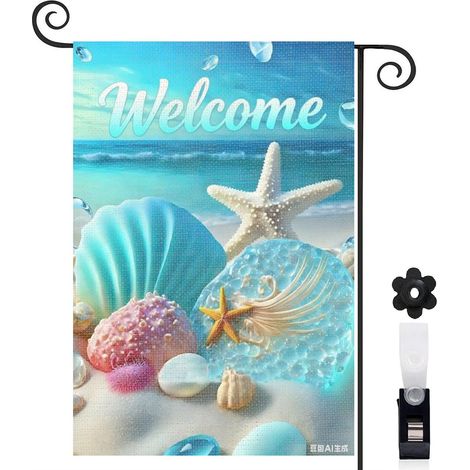 Drapeau de jardin bienvenue 30 x 45 cm motif coquillages et plage sable toile double face extérieure (1/5)
