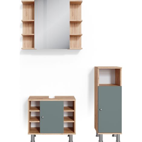 Set mobili bagno Fynn, Verde, 3 parti, con mobile midi, Vicco