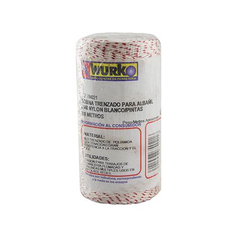WURKO cuerda linea nylon blanco/rojo 100 m , Cordón trenzado nylon fino AlbañilBobina de 100 metrosColor Blanco y RojoIndicado para albañileria,agricultura,paquetería,m (1/2)