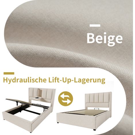 Lit capitonné 90x200, sommier à lattes fourni, coffre de rangement intégré, mécanisme relevable hydraulique, porte-verre et prise USB cachés, revêtement en lin beige, sans matelas, pour chambre compac (1/5)