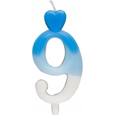 Bougie en forme de cœur numéro 9, bleue et blanche, 6,5 cm