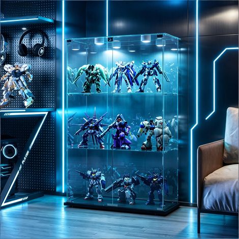 FOERPL-Glasvitrine mit LED-Beleuchtung, Säulenvitrine mit 3 Ablagen für Sammlungen, Glas-Weinschrank mit 2 Tür und Schloss Vertikale Sammlungsvitrine/Aufbewahrungsvitrine