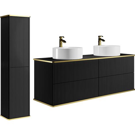 Meuble de salle de bain suspendu strié avec double vasque à poser ronde et colonne - Noir - 120 cm - KELIZA (1/5)