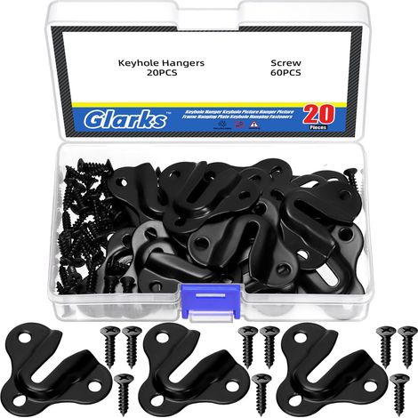 Lot de 80 cintres papillon noirs avec vis, supports d'étagère à trou de serrure, plaque de suspension à trou de serrure unique pour montage mural, porte-manteau, planche en bois, tasse (1/5)