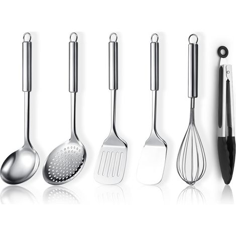 Ensemble d’ustensiles de cuisine en acier inoxydable 6 pièces comprend un ensemble de spatules en métal, une écumoire, une louche, une pince, un fouet, des gadgets de cuisine essentiels (1/5)