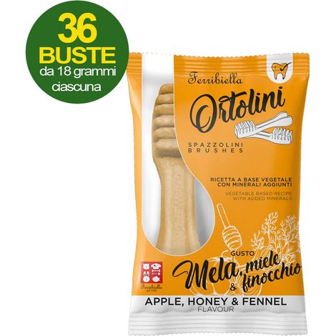 Snack spazzolini per cani Ortolini gusto mela, miele e finocchio 36 mini pack da 2 pezzi ciascuno