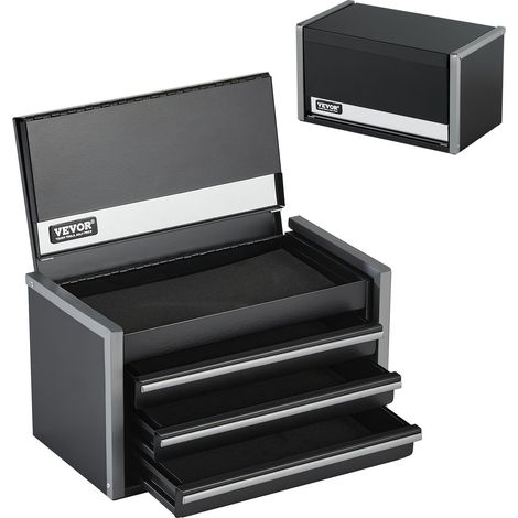 Boîte à Outils Métal, 218,4 mm, Caisse à Outils Acier Portable avec 3 Tiroirs, Petit Coffre à Outillage, Doublure EVA, Patins PP, Ouverture à Roulement à Billes, Finition Revêtement Poudre, Noir (1/5)