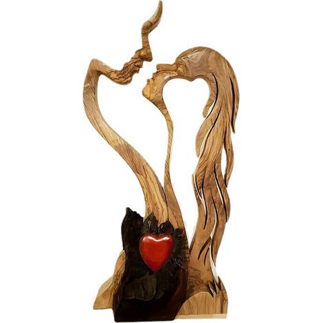 Romantische Statue eines küssenden Paares in Herzform, Holzfigur, kunstvoll geschnitzt, abstrakte moderne Kunst, Dekoration für Zuhause, Büro oder Schreibtisch (1/5)