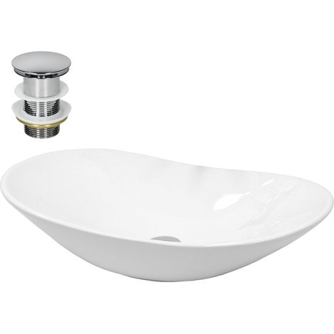 ECD Germany Lavabo Salle de Bain - 640x365x130 mm - en Céramique - Ovale - Blanc - Lave-Mains Évier - Lavabo Vasque à Poser sur Meuble - Design Moderne - avec Kit de Vidange sans Trop-plein (1/5)