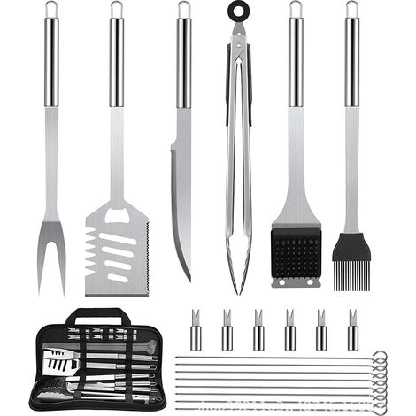 21 Pièces Set Barbecue Inoxydable Pro - Kit Accessoires Grill Acier avec Sac de Transport - Outils de Cuisson pour Camping, Pique-Nique et Jardin (1/2)