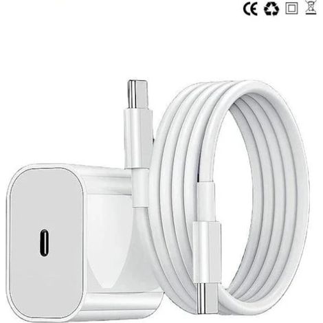 [KK] Chargeur rapide USB-C 20 W + câble de 2 m blanc compatible iPhone. Contient 1 chargeur et 1 câble de charge long. Compatible avec iPhone. (1/4)