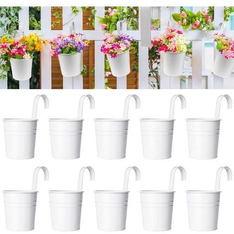 10 pots suspendus en métal, blancs, diamètre 10 cm, avec crochet amovible. Idéaux pour balcon, rambarde, clôture, décoration jardin et maison.