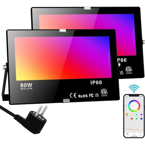 Projecteur Extérieur Intelligent Bluetooth RGB 80W, Équivalent 800W, 8000 Lumens, 16 Millions de Couleurs, Minuteur, RGBW Blanc Chaud 2700K, IP66 Étanche (2 Unités) (1/5)