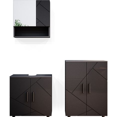 Set mobili bagno Irma, Antracite lucido, 3 pezzi, con base 60 cm, Vicco