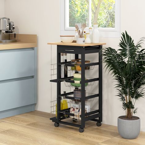 Chariot Cuisine Roulettes Polyvalent Tiroir Paniers Supports Métalliques Amovibles Mobilier Intérieur Noir 47x37x83cm