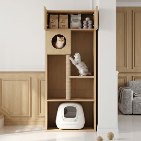 Mobile multifunzionale per gatti 80x45x193 cm con tiragraffi, nascondiglio e vano portaoggetti, in MDF naturale (1/5)