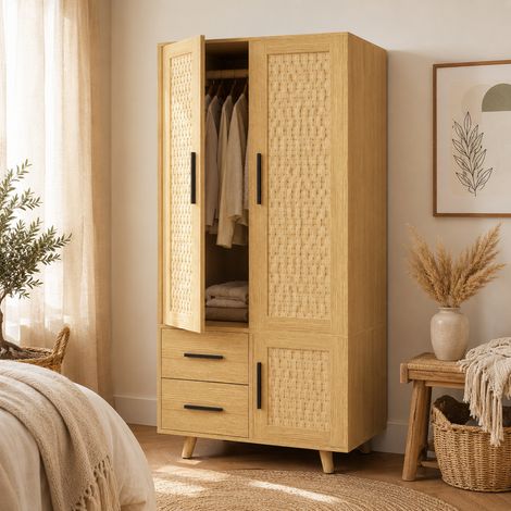 Armoire de Chambre avec Penderie et 2 Tiroirs - Garde-robe scandinave Cannage Rotin poignées Noir - 3 Portes, 80x52x166 cm - Naturel (1/5)