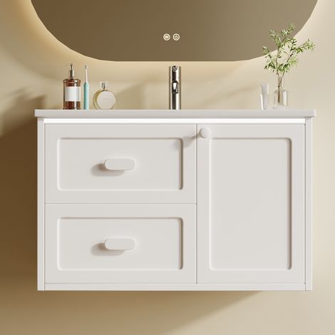 Meuble de salle de bain avec vasque 76 x 46 x 51 cm, LED à capteur radar, 2 tiroirs, blanc HAVRYA (1/5)