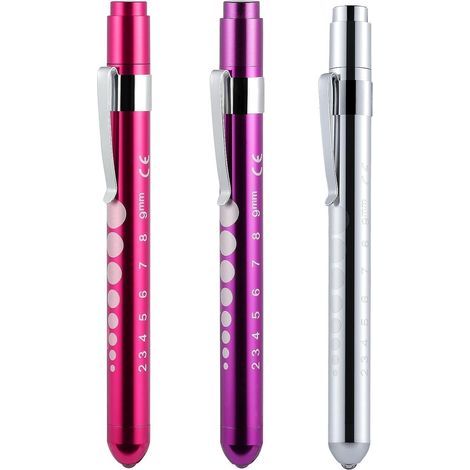 Lote de 3 bolígrafos con linterna para enfermeras, rosa, violeta y plateado, linterna LED con clip de bolsillo, medidor de pupila y regla integrada, bolígrafo linterna reutilizable para ópticos, linte (1/5)