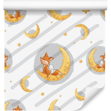 Papel pintado de zorros y conejos entre lunas y estrellas, 50x1000 cm (1/5)