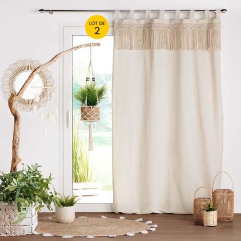 Lot de 2 Rideaux à Passants 140 X 240 Cm Polycoton Uni et Top Macrame, Samaya (1/4)