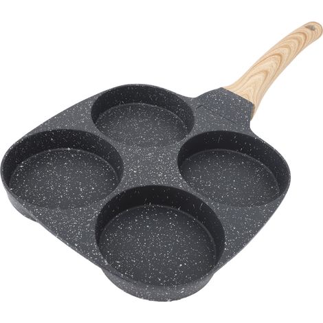 Poêle à œufs antiadhésive 4 tasses en aluminium, facile à nettoyer, avec poignée en bois, compatible avec les plaques de cuisson à gaz et à induction (version standard). (1/5)