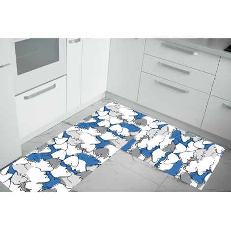 Set di 2 tappeti da cucina antiscivolo e lavabili in lavatrice passatoia multiuso Face Blu - 50x80+50x160