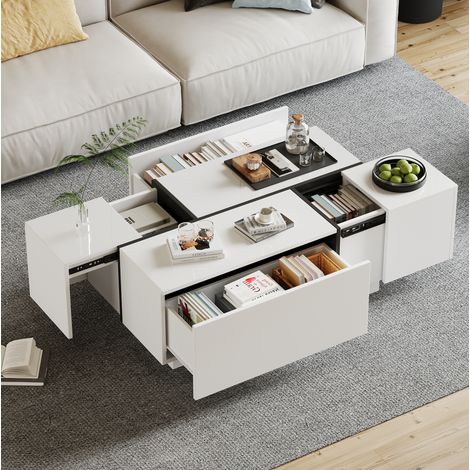 Mesa de centro (100x60x40 cm), con 4 cajones, diseño en blanco y negro, tablero superior brillo, aglomerado blanco (1/5)